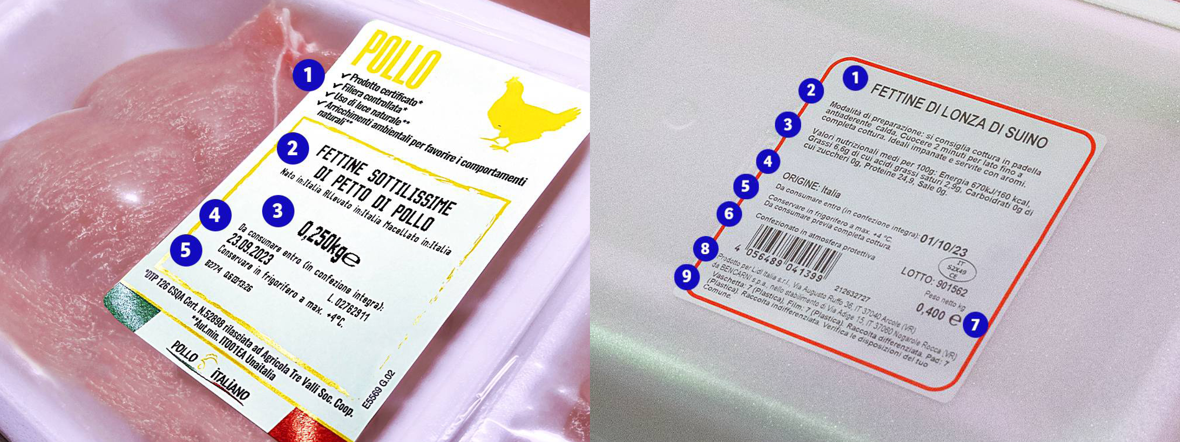 Confezioni di carne fresca, pollo e maiale, con etichette che mostrano dettagli del prodotto e informazioni nutrizionali.