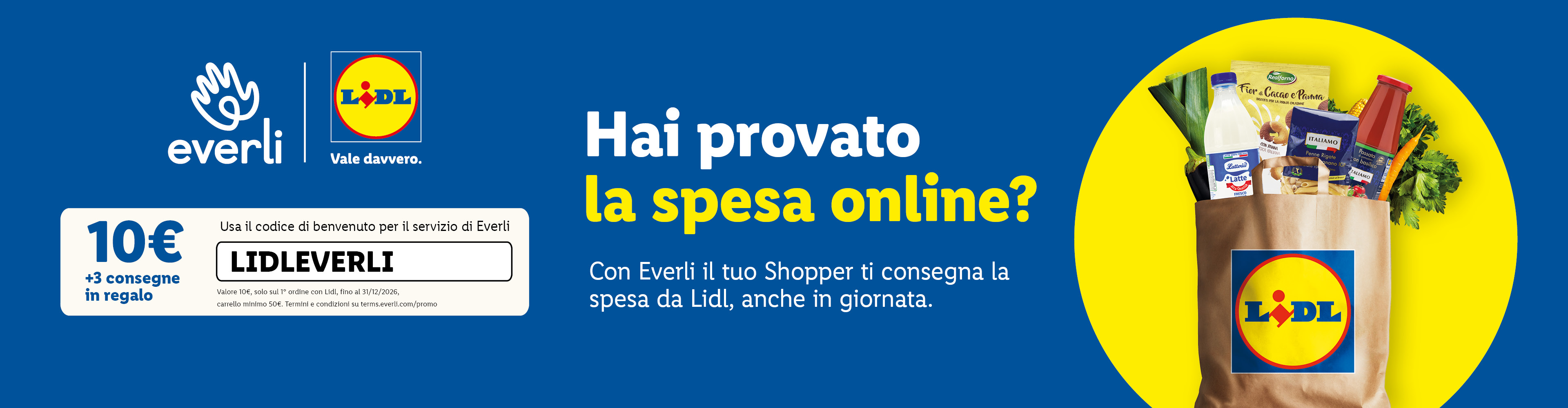 Promozione per la spesa online con prodotti alimentari vari e un buono sconto.