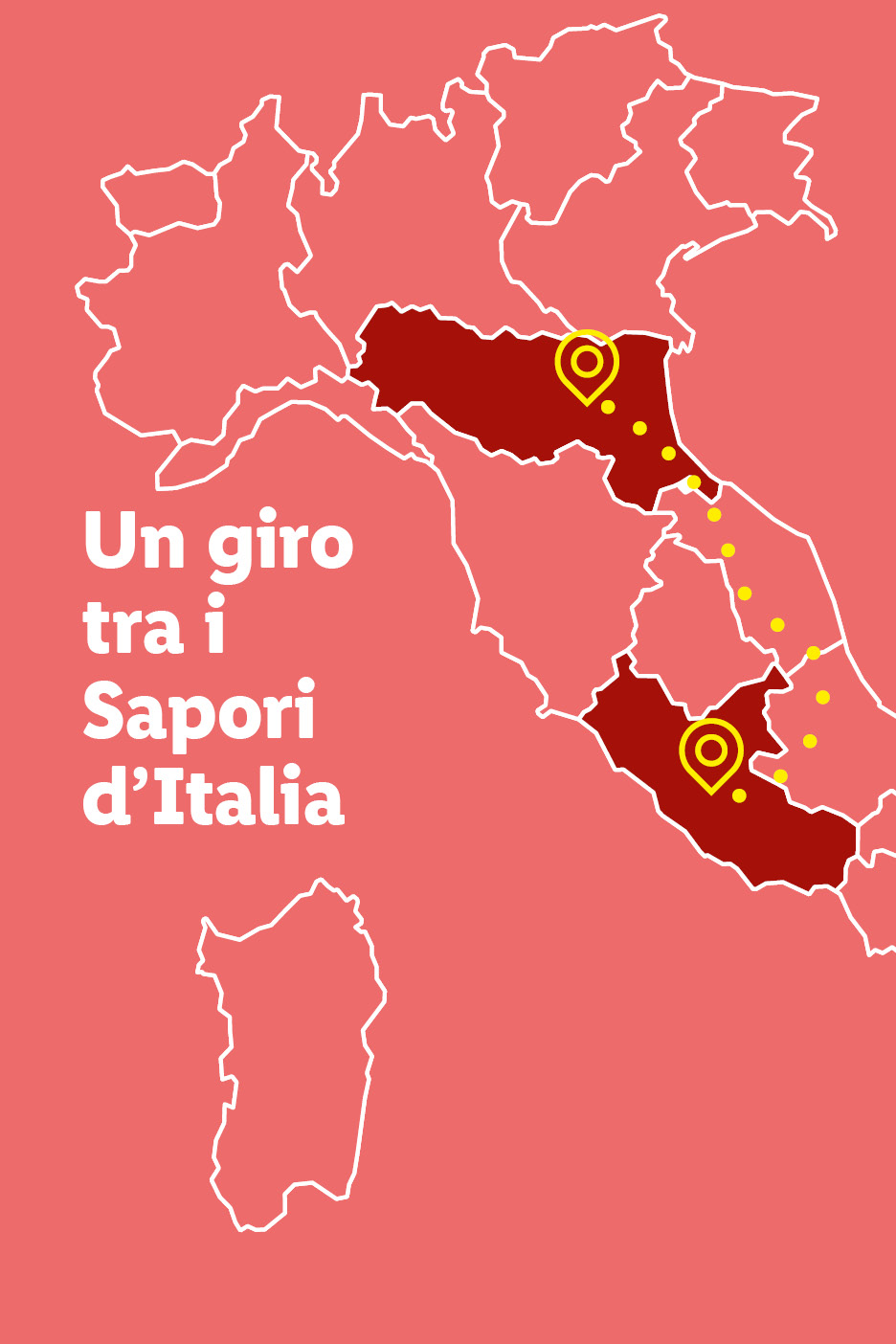 Mappa dell'Italia con regioni evidenziate e punti di interesse, testo: 'Un giro tra i Sapori d'Italia'.