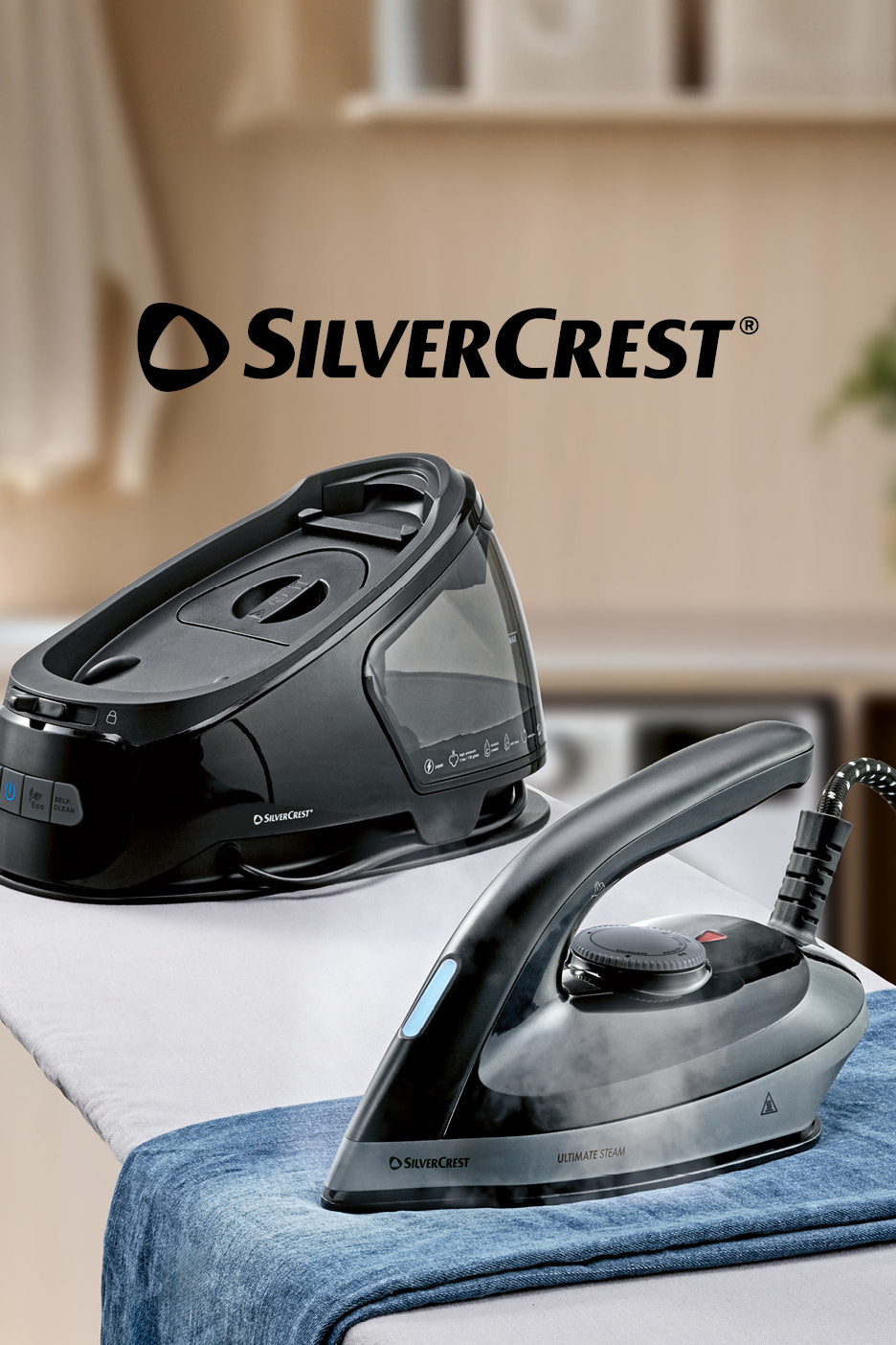 Ferro da stiro a vapore e generatore di vapore su asse da stiro, con logo SilverCrest.