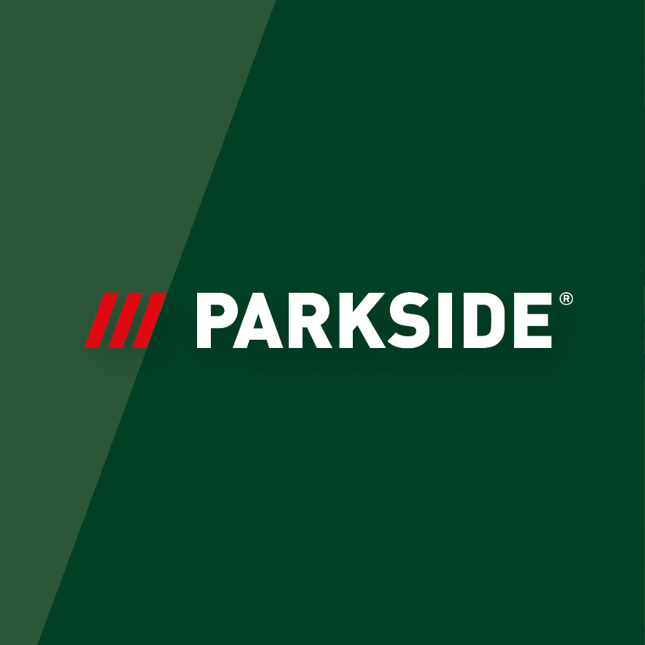 Logo Parkside con tre barre rosse e testo bianco su sfondo verde scuro.