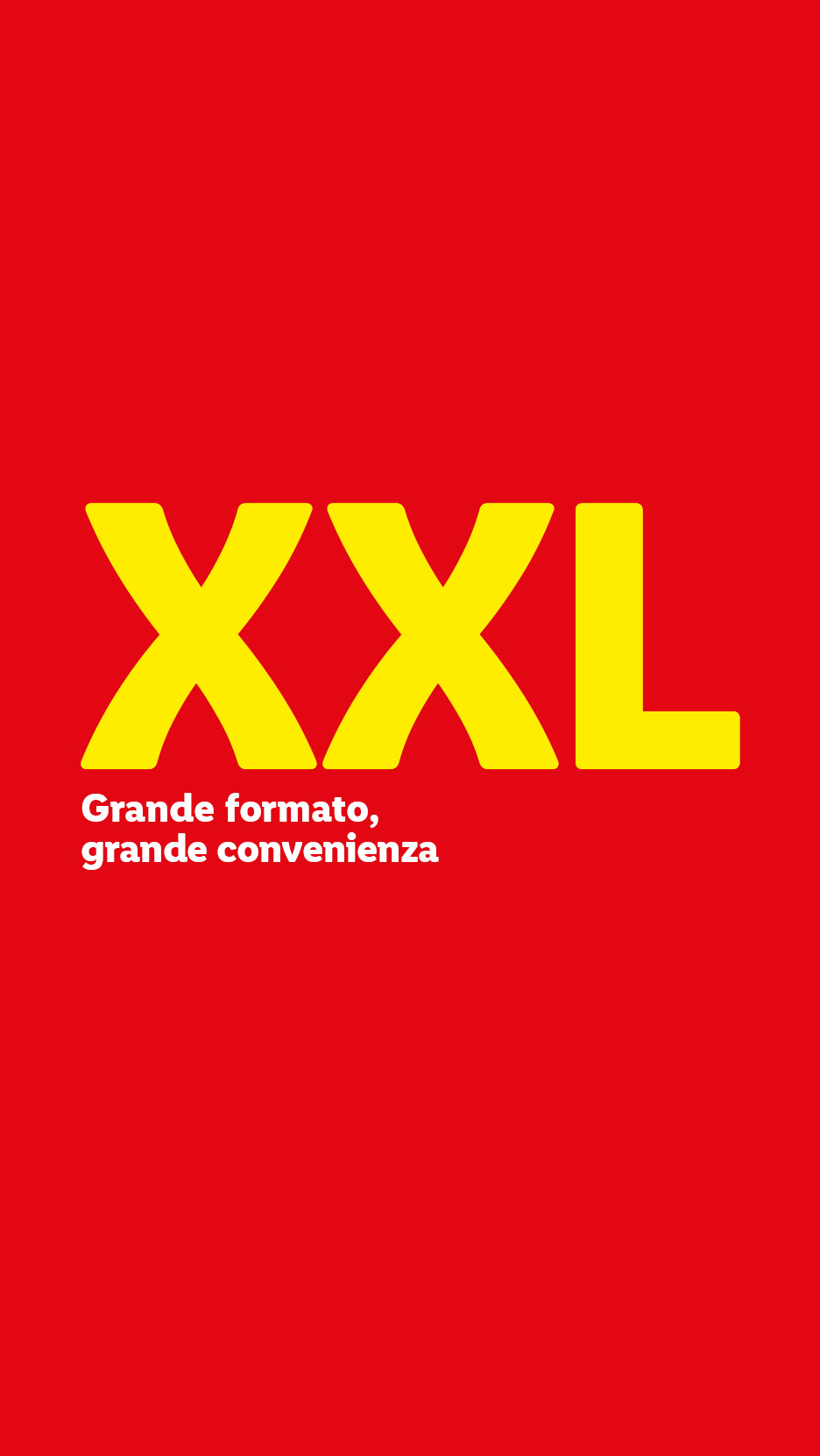 Scritta XXL gialla su sfondo rosso con testo Grande formato, grande convenienza.