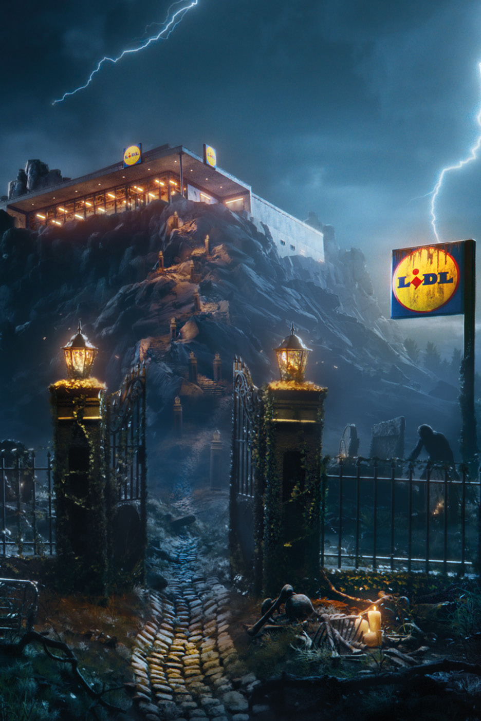 Un supermercato in stile castello di Dracula arroccato su una montagna spettrale a Halloween.