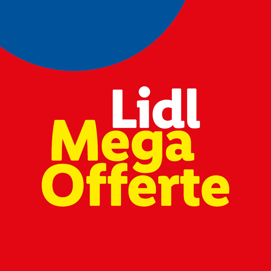 Scritta promozionale gialla e bianca su sfondo rosso con un cerchio blu in alto.