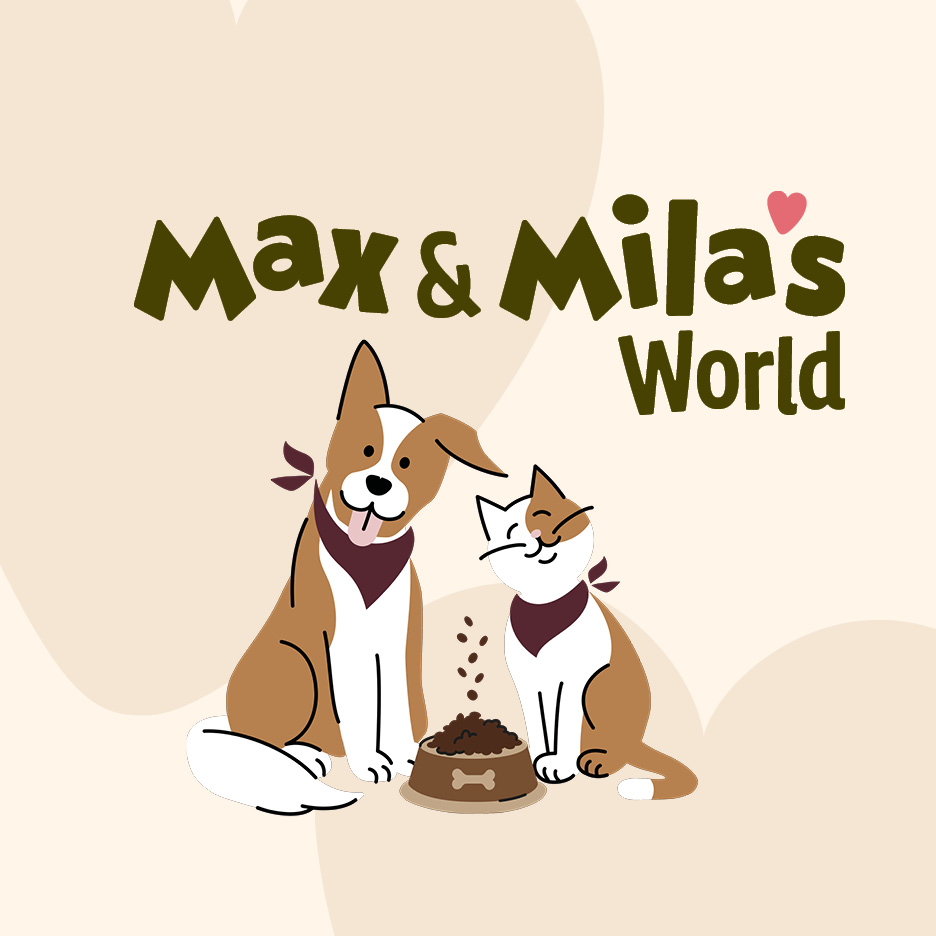 Illustrazione di un cane e un gatto con cibo e la scritta Max & Mila's World.