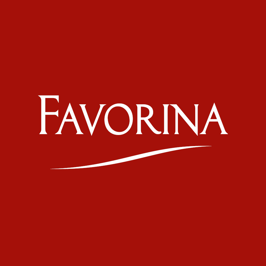 Logo Favorina in bianco su sfondo rosso.