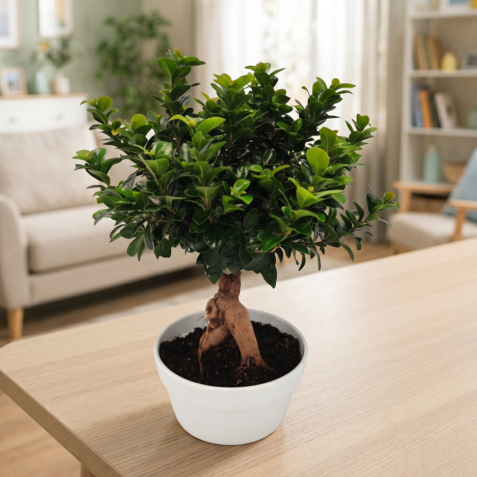 Ficus ginseng in vaso di ceramica bianco.