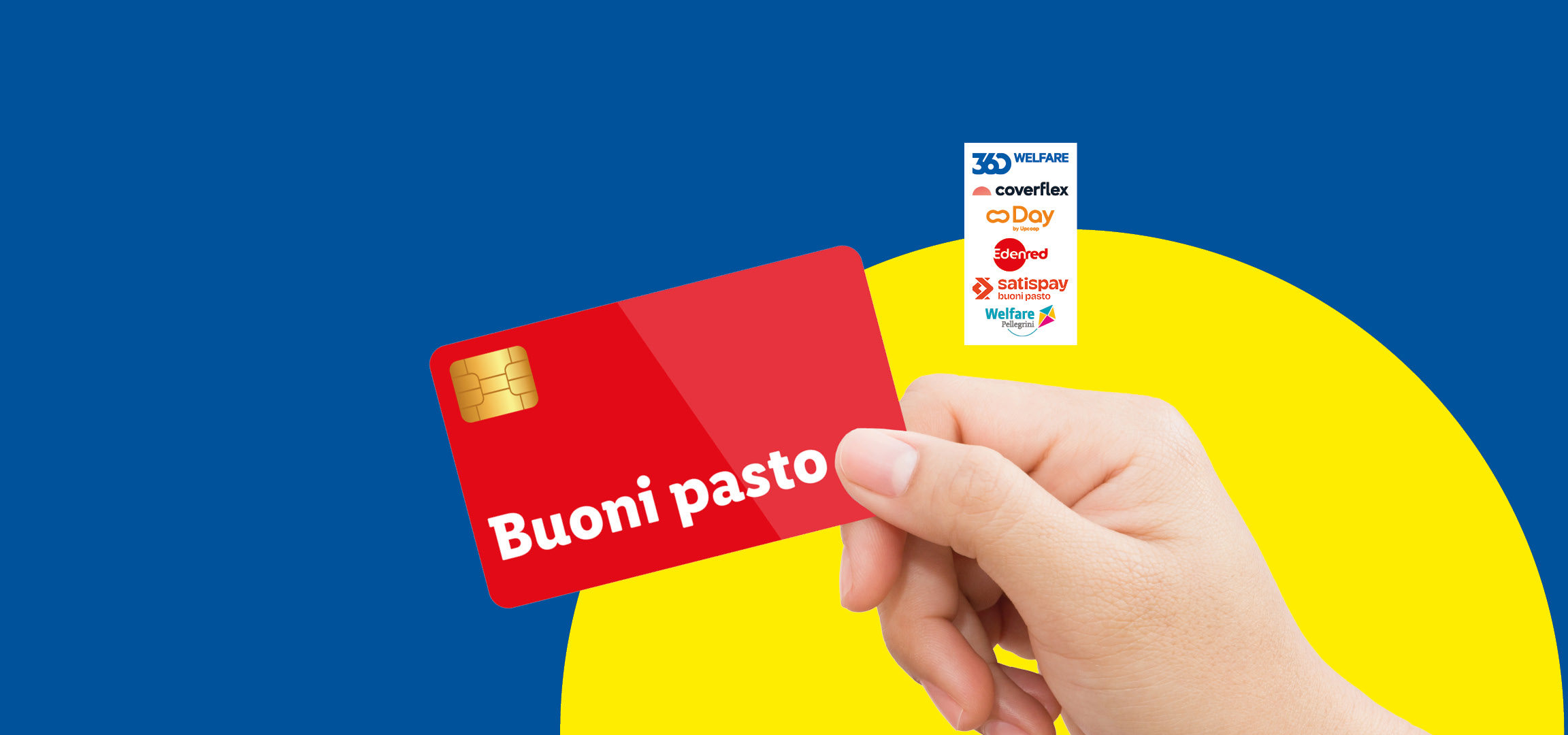 Una mano tiene una carta rossa con la scritta 'Buoni pasto', con loghi di servizi welfare sullo sfondo.