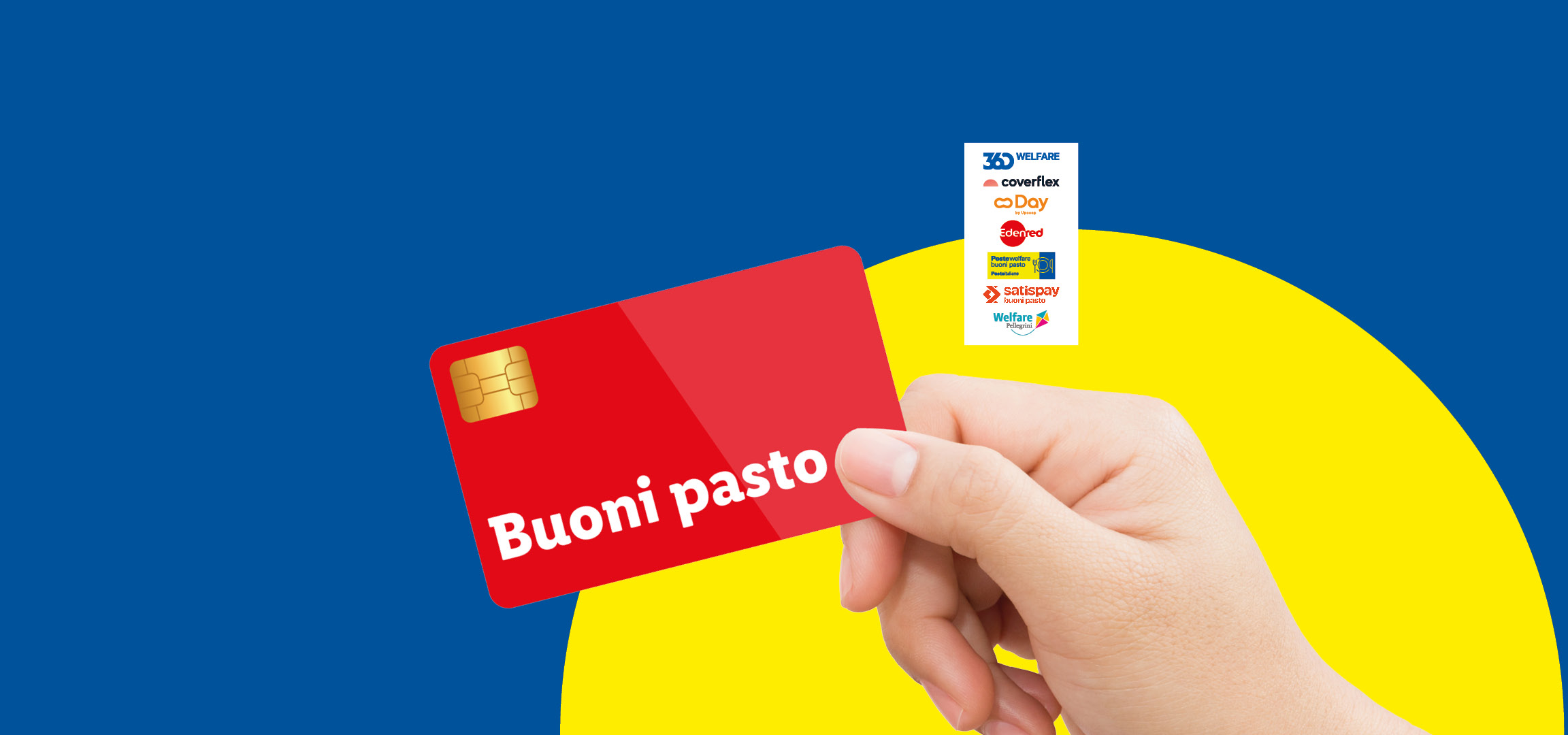 Una mano tiene una carta rossa con la scritta 'Buoni pasto', su sfondo blu e giallo con loghi di servizi welfare.