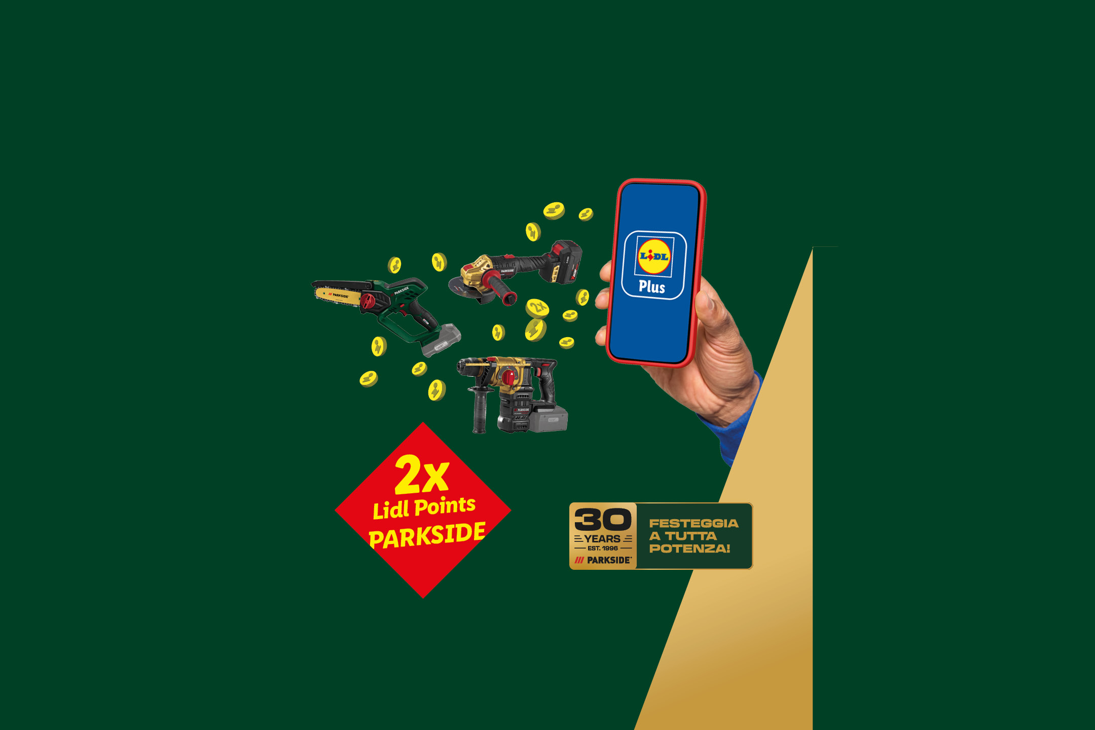 Sfondo verde scuro con utensili elettrici, monete e uno smartphone che mostra l'app Lidl Plus. Un cartello rosso indica '2x Punti Lidl'.