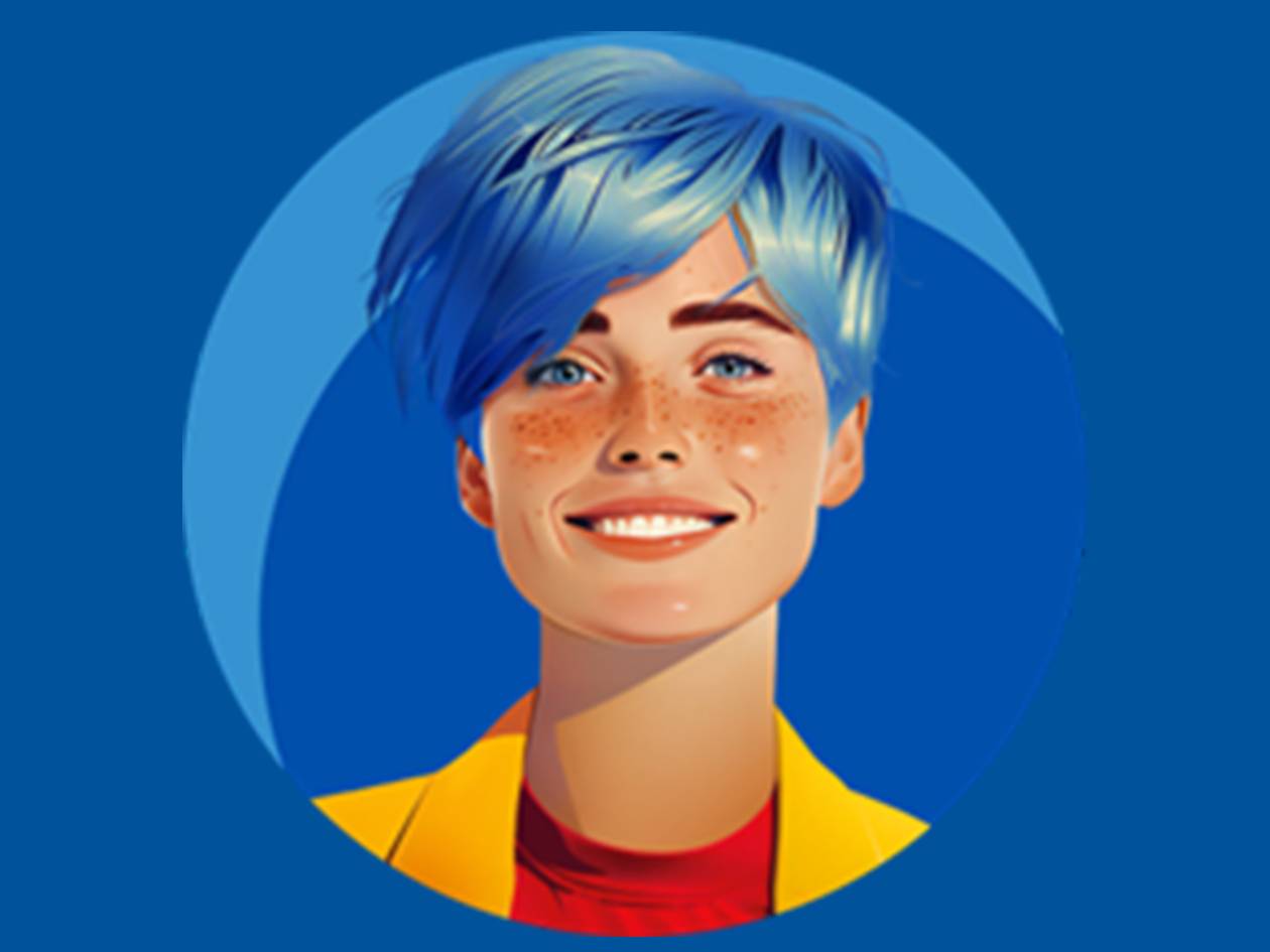 Ritratto di donna sorridente con capelli blu e giacca gialla su sfondo blu.