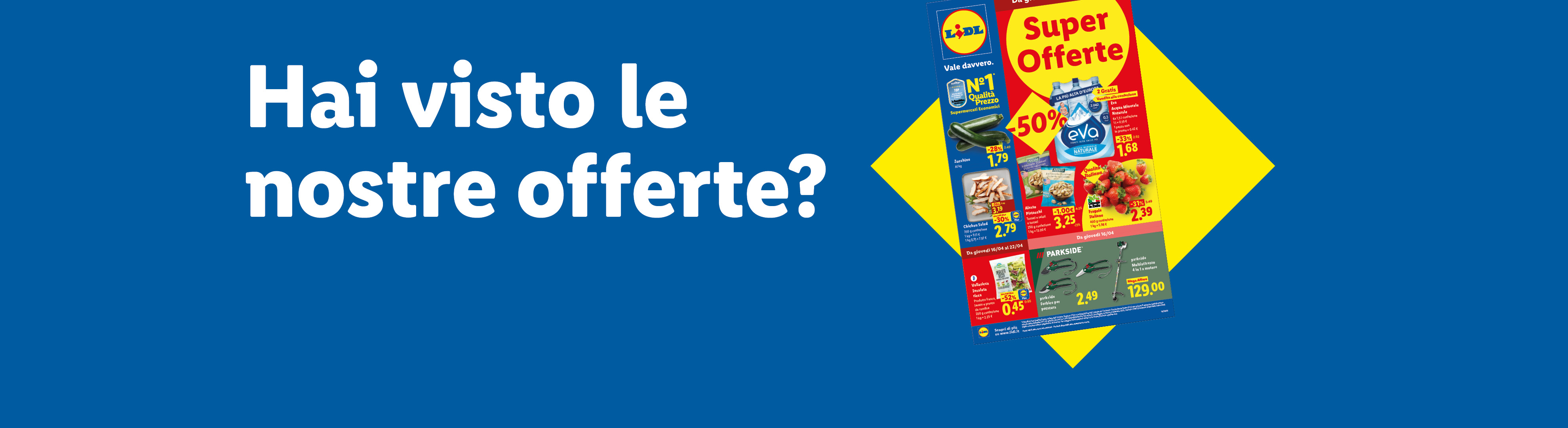 Offerte settimanali con sconti su zucchine, insalata di pollo, acqua, fragole e attrezzi da giardinaggio.