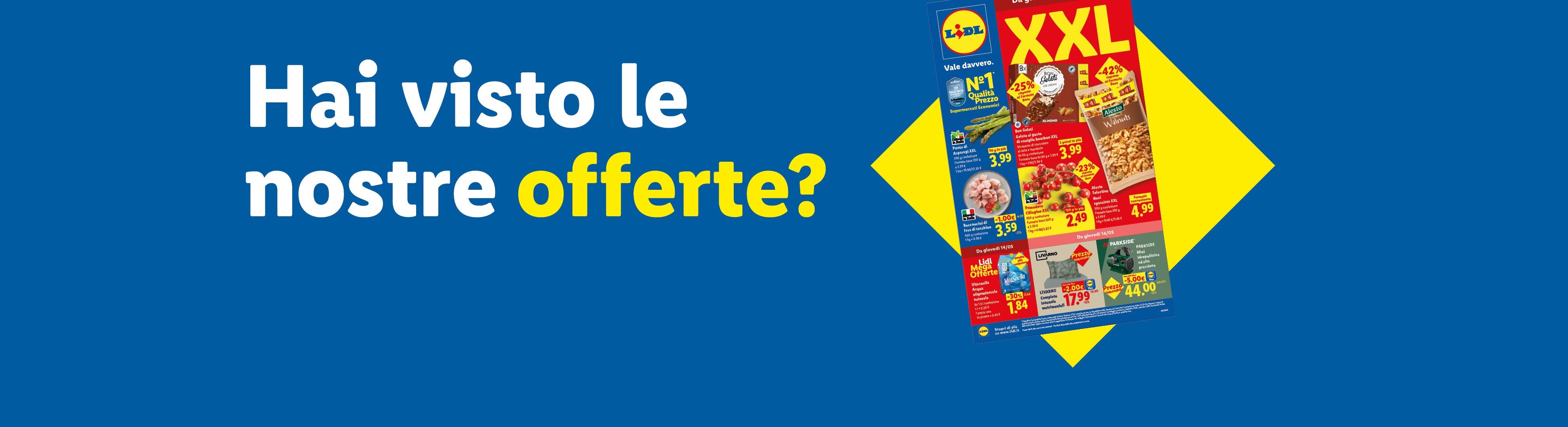 Offerte settimanali con asparagi, noci, pomodori, gelati e articoli per la casa.