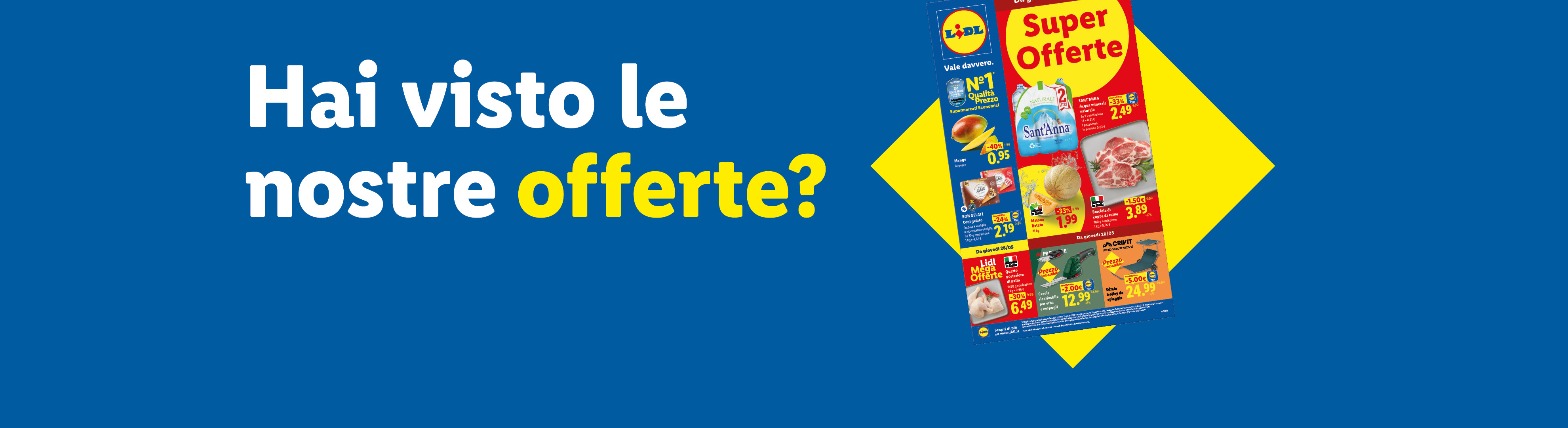 Volantino Lidl con offerte su frutta, carne, gelati e articoli per la casa, con il testo 'Hai visto le nostre offerte?'.