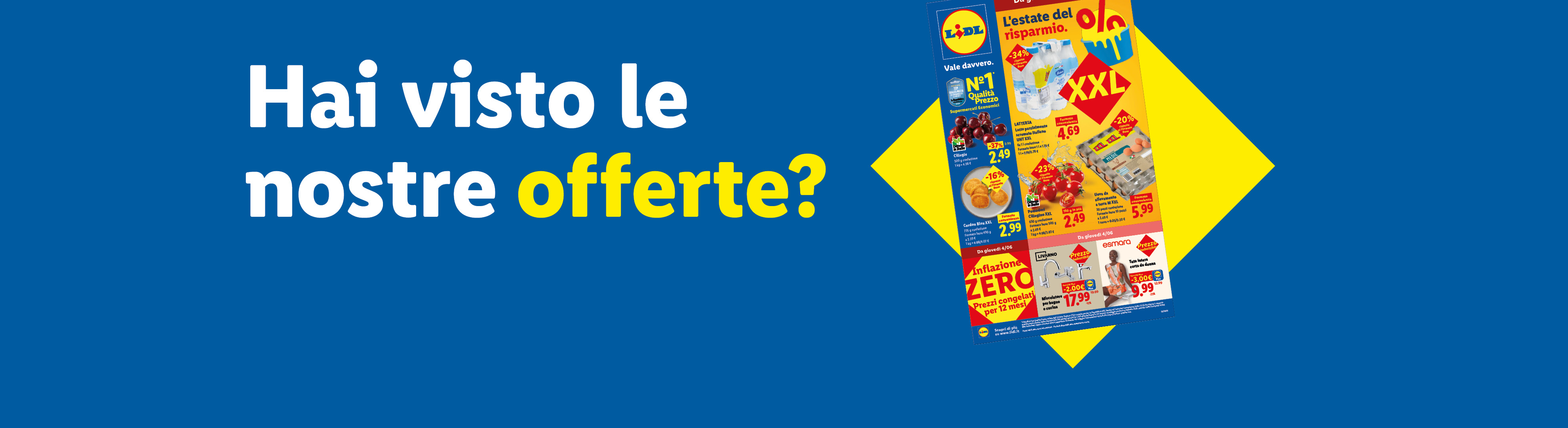 Volantino con offerte su ciliegie, formaggio, uova, pomodori e articoli per la casa, con il tema 'L'estate del risparmio'.