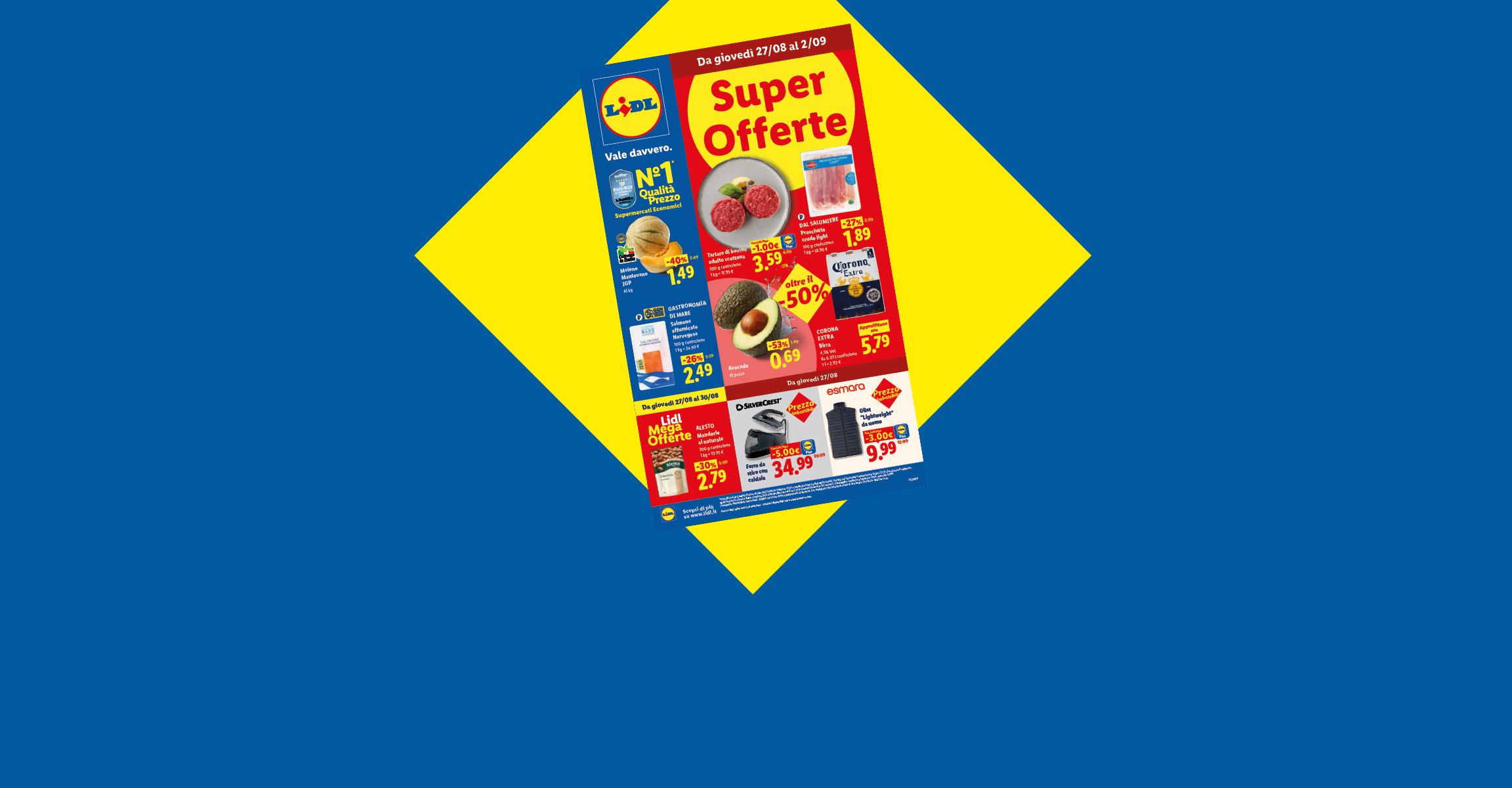 Volantino Lidl con offerte su carne, frutta, birra e abbigliamento, con il testo 'Hai visto le nostre offerte?'