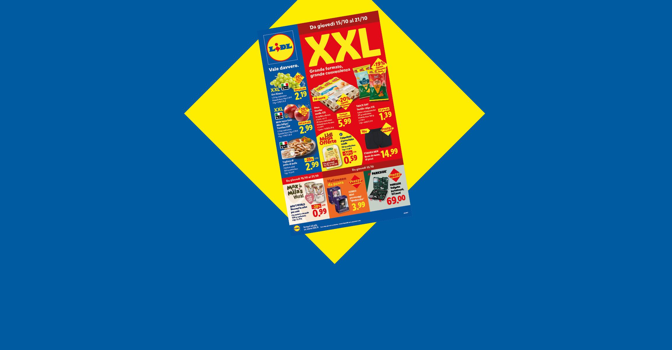 Volantino promozionale con offerte speciali su alimentari e articoli per la casa.