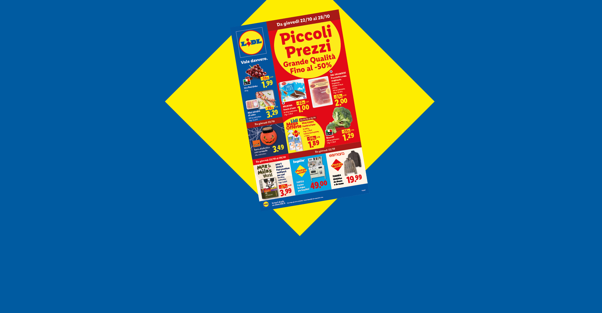 Volantino promozionale con offerte speciali su alimentari e abbigliamento su sfondo blu.